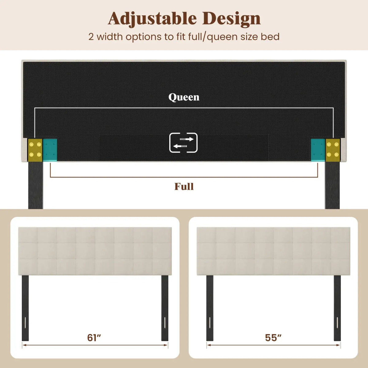 Upholstered Headboard Queen/Full Size with Adjustable Legs by DirectDeals