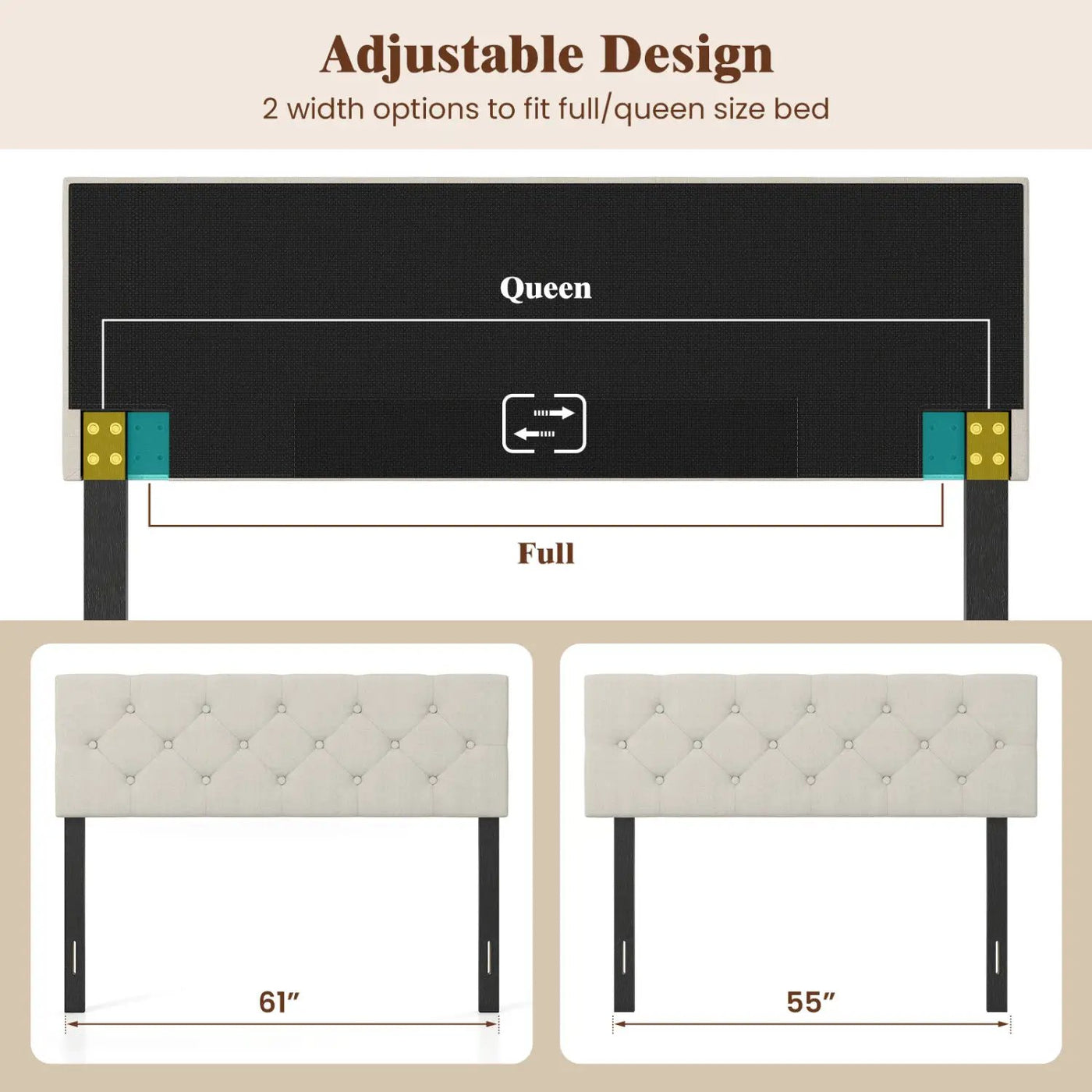 Upholstered Tufted Headboard Queen/Full Size with Adjustable Legs by DirectDeals