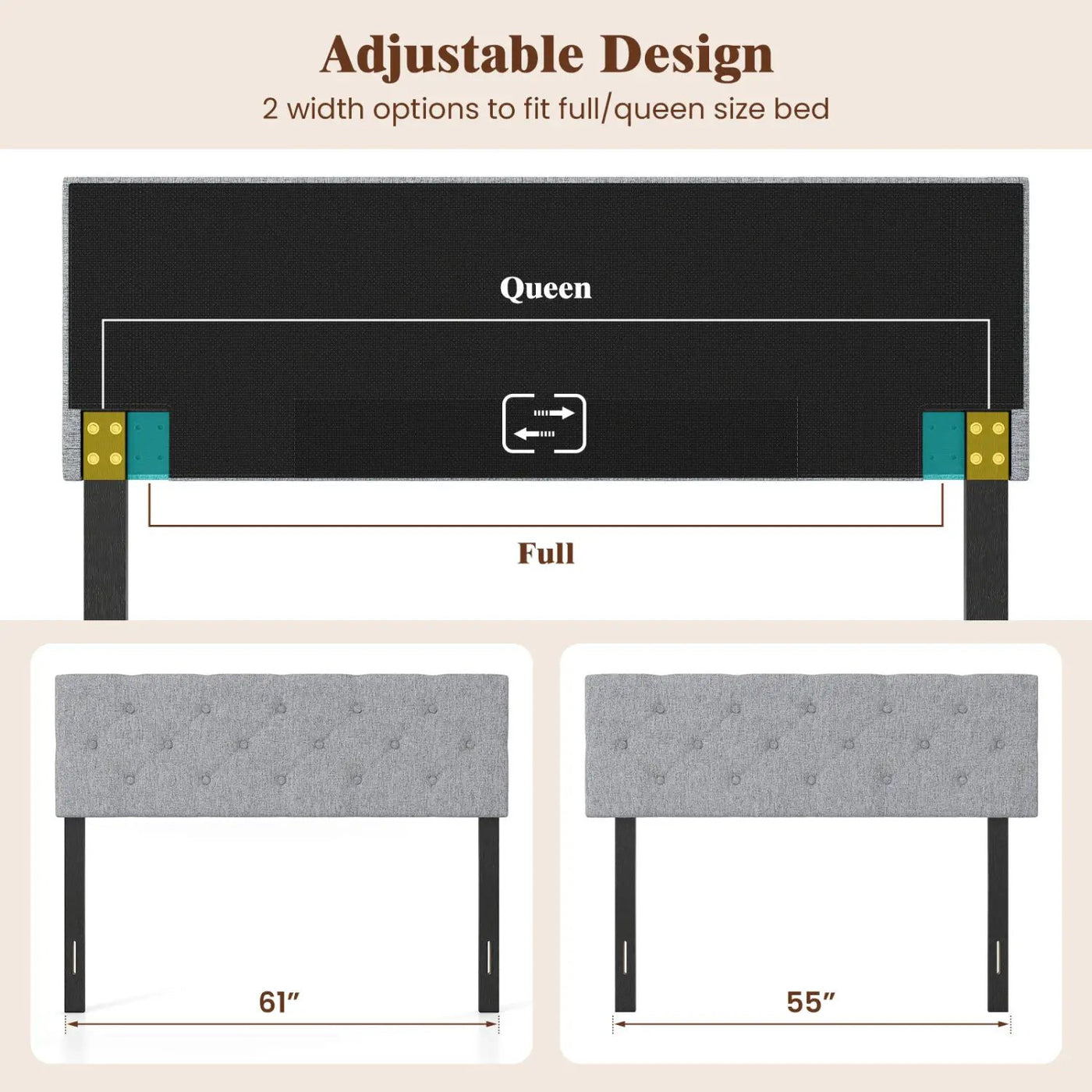 Upholstered Tufted Headboard Queen/Full Size with Adjustable Legs by DirectDeals