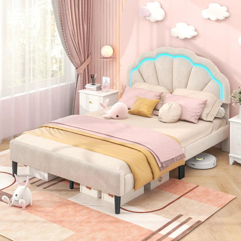 Upholstered LED Bed Frame with Adjustable Flower Headboard and Metal Support Feet-Full Size by DirectDeals