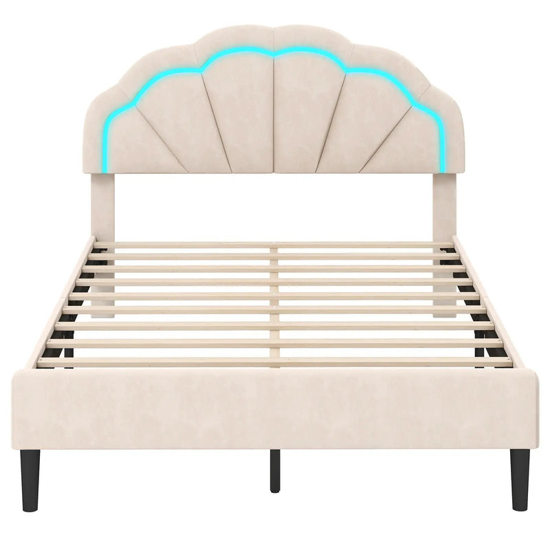 Upholstered LED Bed Frame with Adjustable Flower Headboard and Metal Support Feet-Full Size by DirectDeals