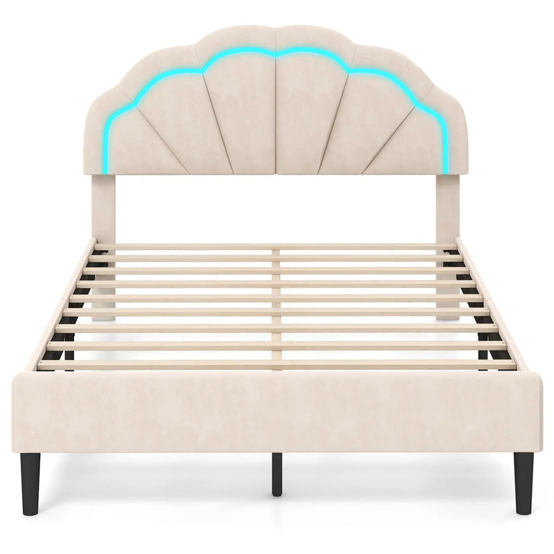 Upholstered LED Bed Frame with Adjustable Flower Headboard and Metal Support Feet-Full Size by DirectDeals