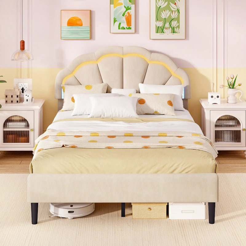 Upholstered LED Bed Frame with Adjustable Flower Headboard and Metal Support Feet-Full Size by DirectDeals