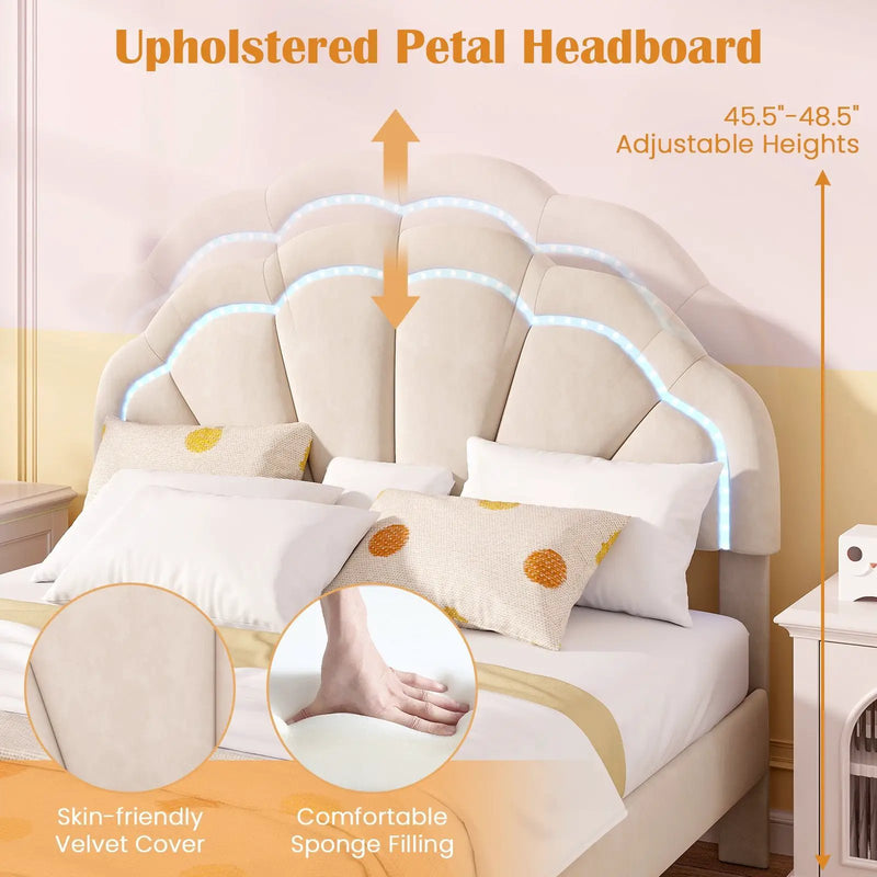 Upholstered LED Bed Frame with Adjustable Flower Headboard and Metal Support Feet-Full Size by DirectDeals