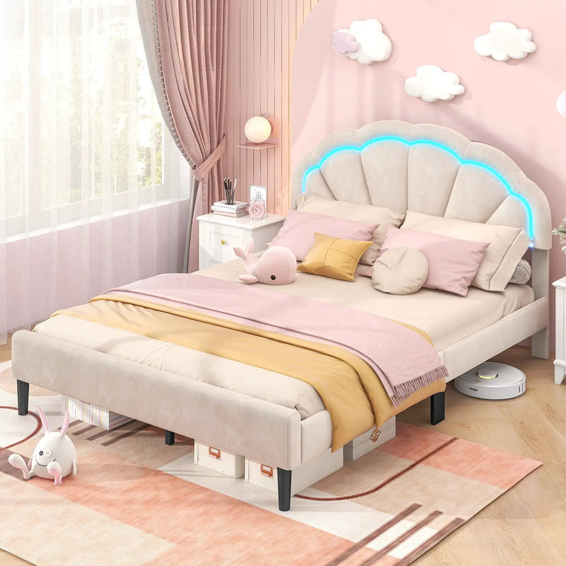 Upholstered LED Bed Frame with Adjustable Flower Headboard and Metal Support Feet-Queen Size by DirectDeals