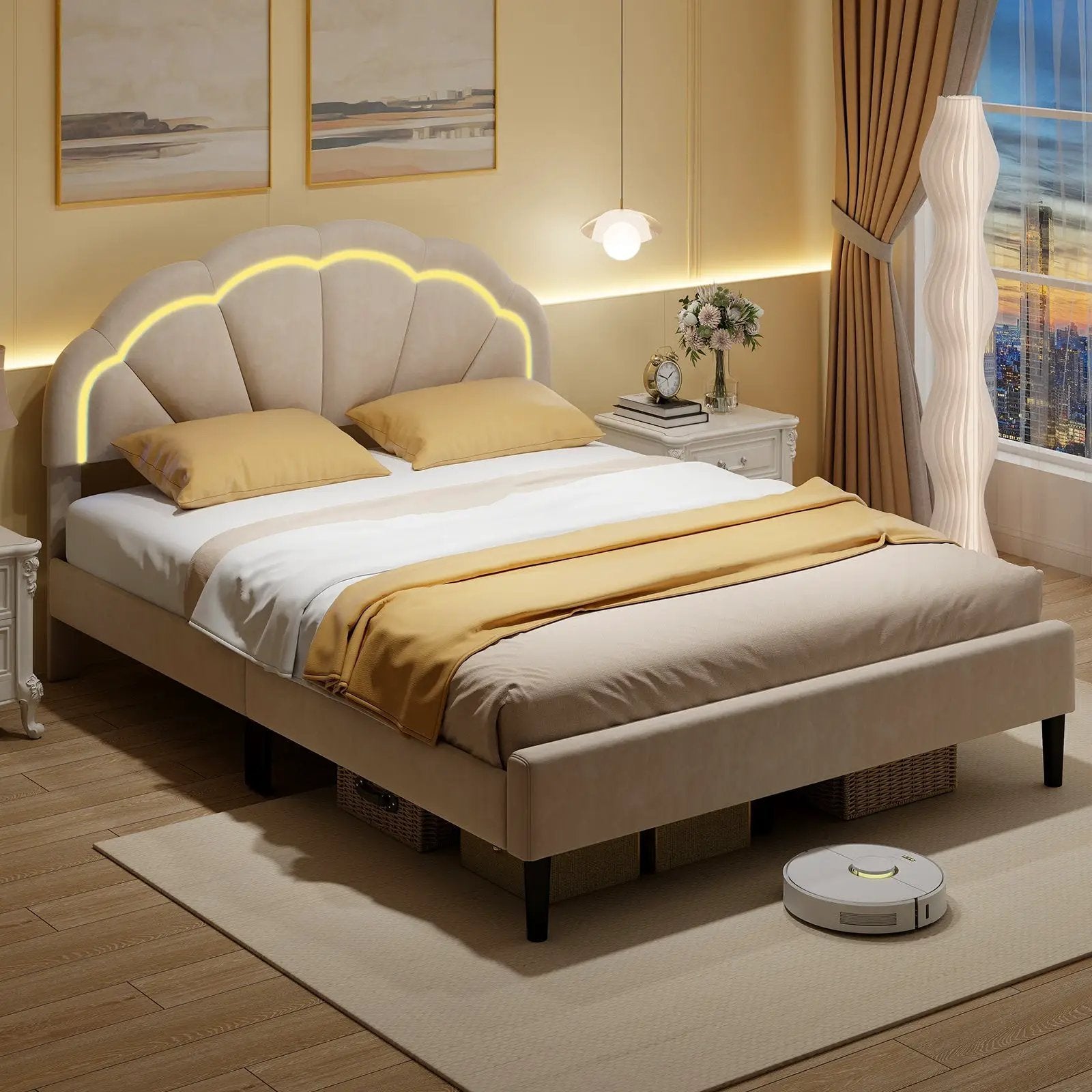 Upholstered LED Bed Frame with Adjustable Flower Headboard and Metal Support Feet-Queen Size by DirectDeals