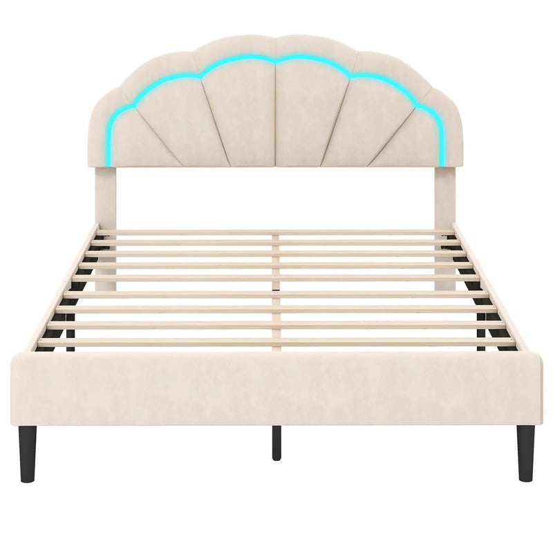 Upholstered LED Bed Frame with Adjustable Flower Headboard and Metal Support Feet-Queen Size by DirectDeals