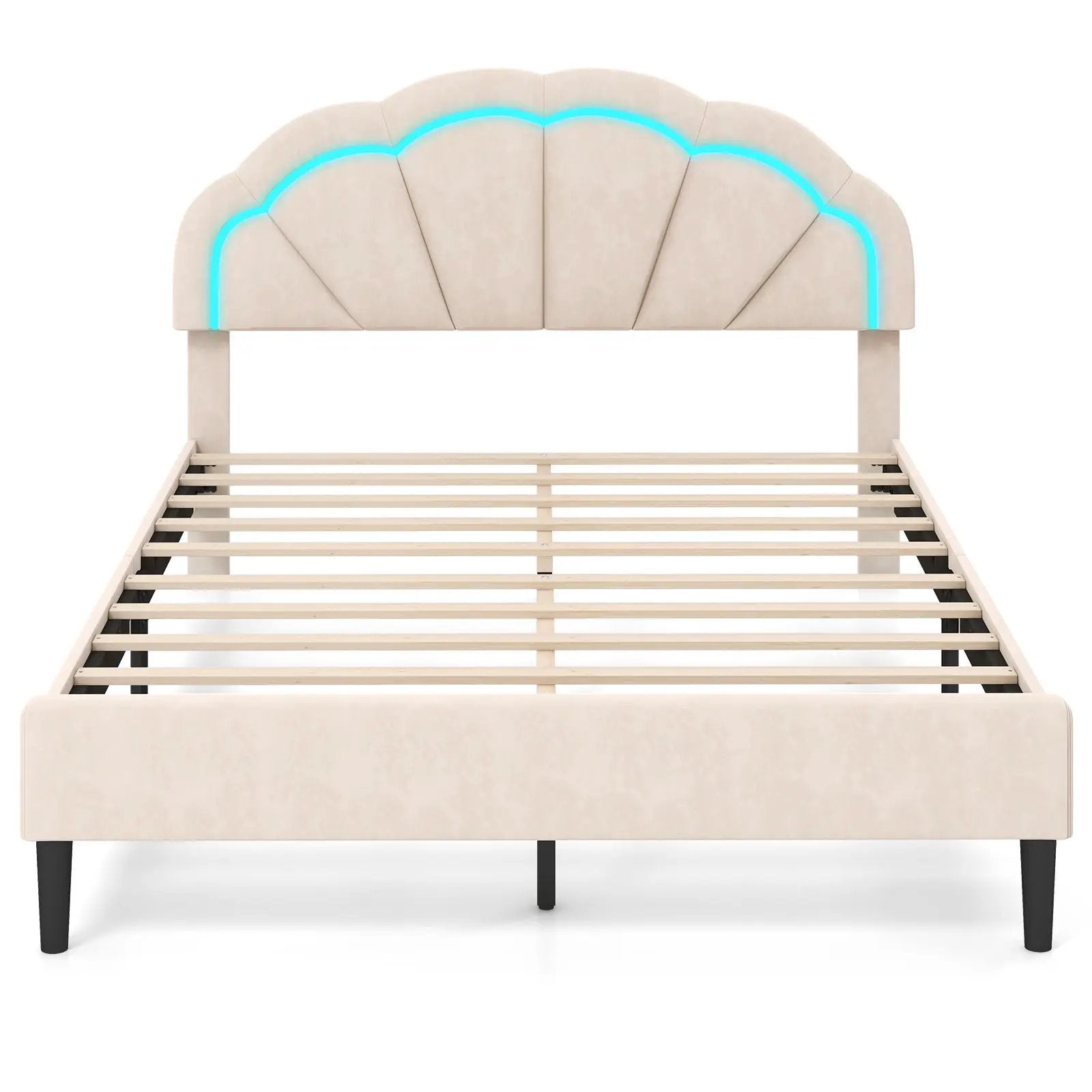 Upholstered LED Bed Frame with Adjustable Flower Headboard and Metal Support Feet-Queen Size by DirectDeals