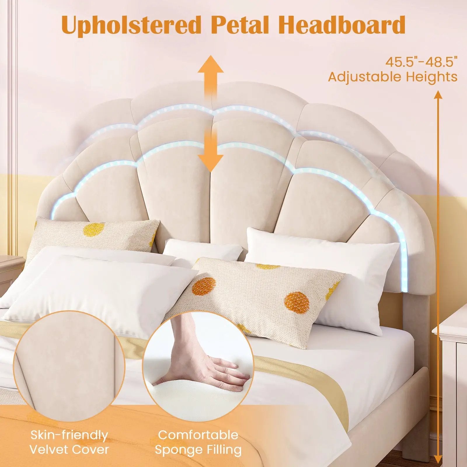 Upholstered LED Bed Frame with Adjustable Flower Headboard and Metal Support Feet-Queen Size by DirectDeals