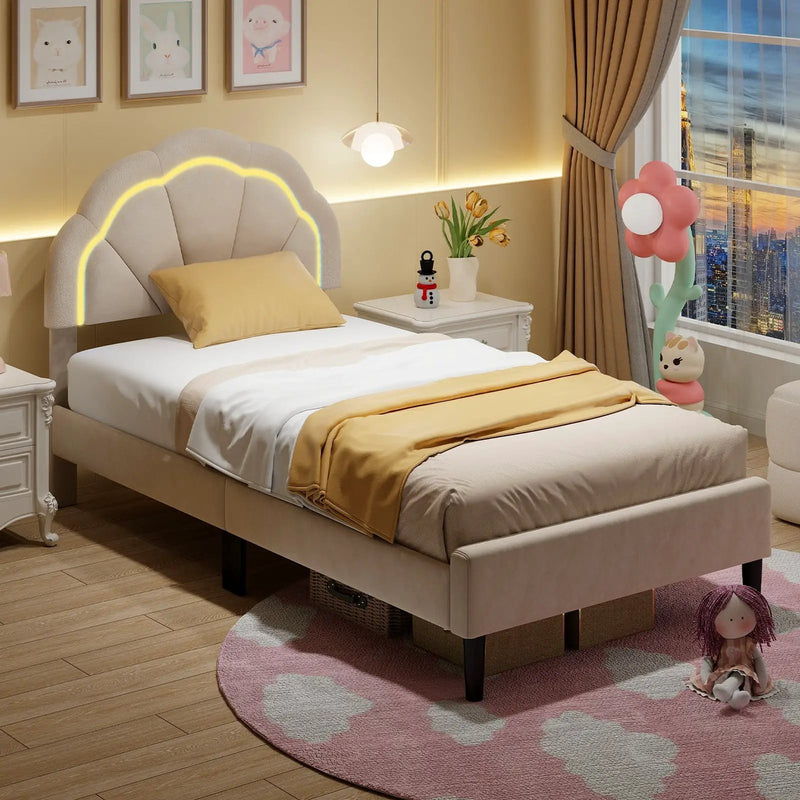 Upholstered LED Bed Frame with Adjustable Flower Headboard and Metal Support Feet-Twin Size by DirectDeals