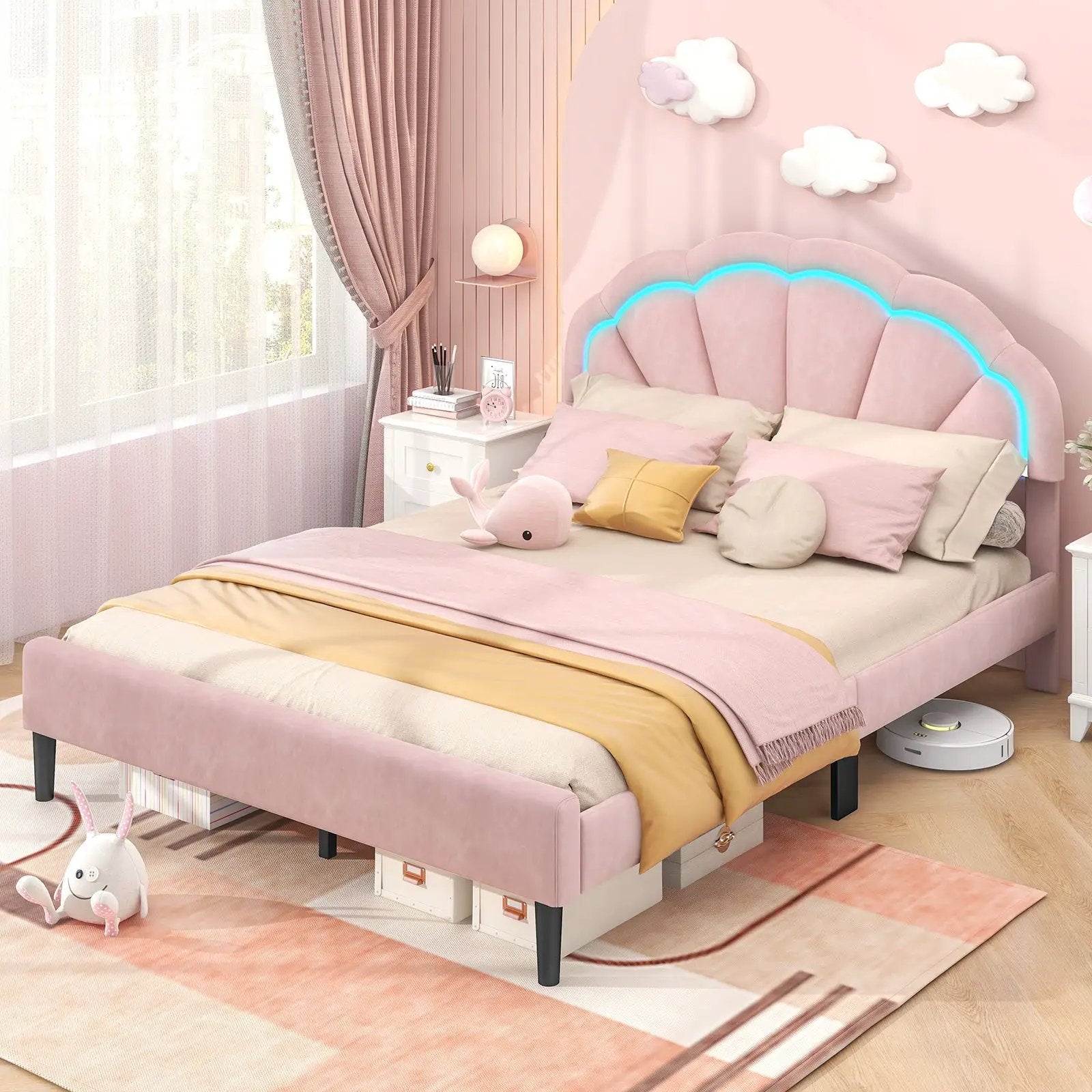 Upholstered LED Bed Frame with Adjustable Flower Headboard and Metal Support Feet Pink-Queen Size by DirectDeals