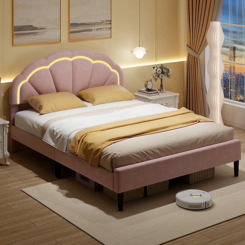 Upholstered LED Bed Frame with Adjustable Flower Headboard and Metal Support Feet Pink-Queen Size by DirectDeals