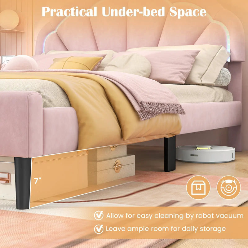 Upholstered LED Bed Frame with Adjustable Flower Headboard and Metal Support Feet Pink-Queen Size by DirectDeals