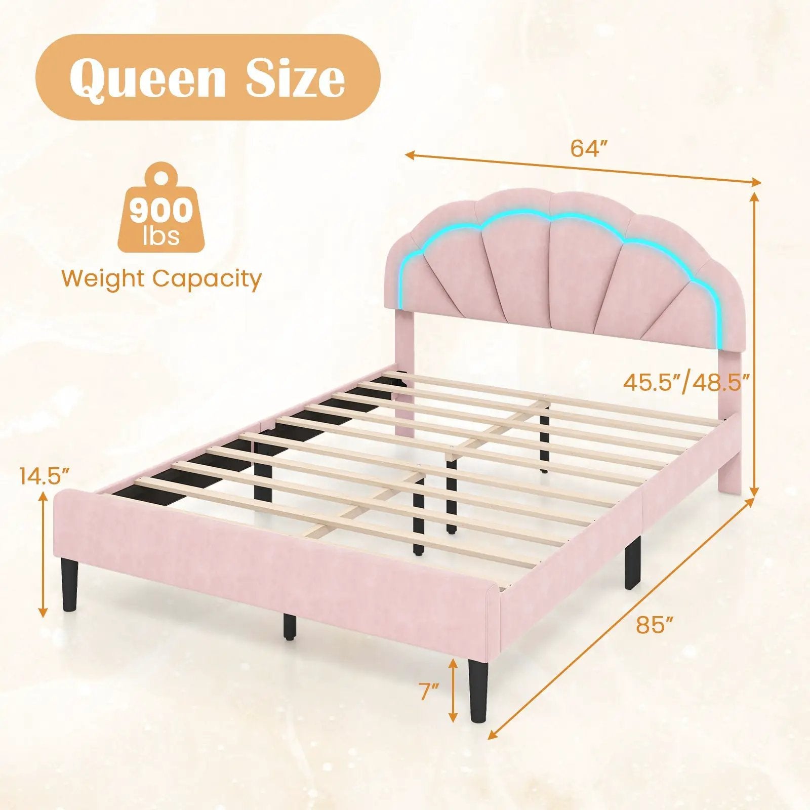 Upholstered LED Bed Frame with Adjustable Flower Headboard and Metal Support Feet Pink-Queen Size by DirectDeals