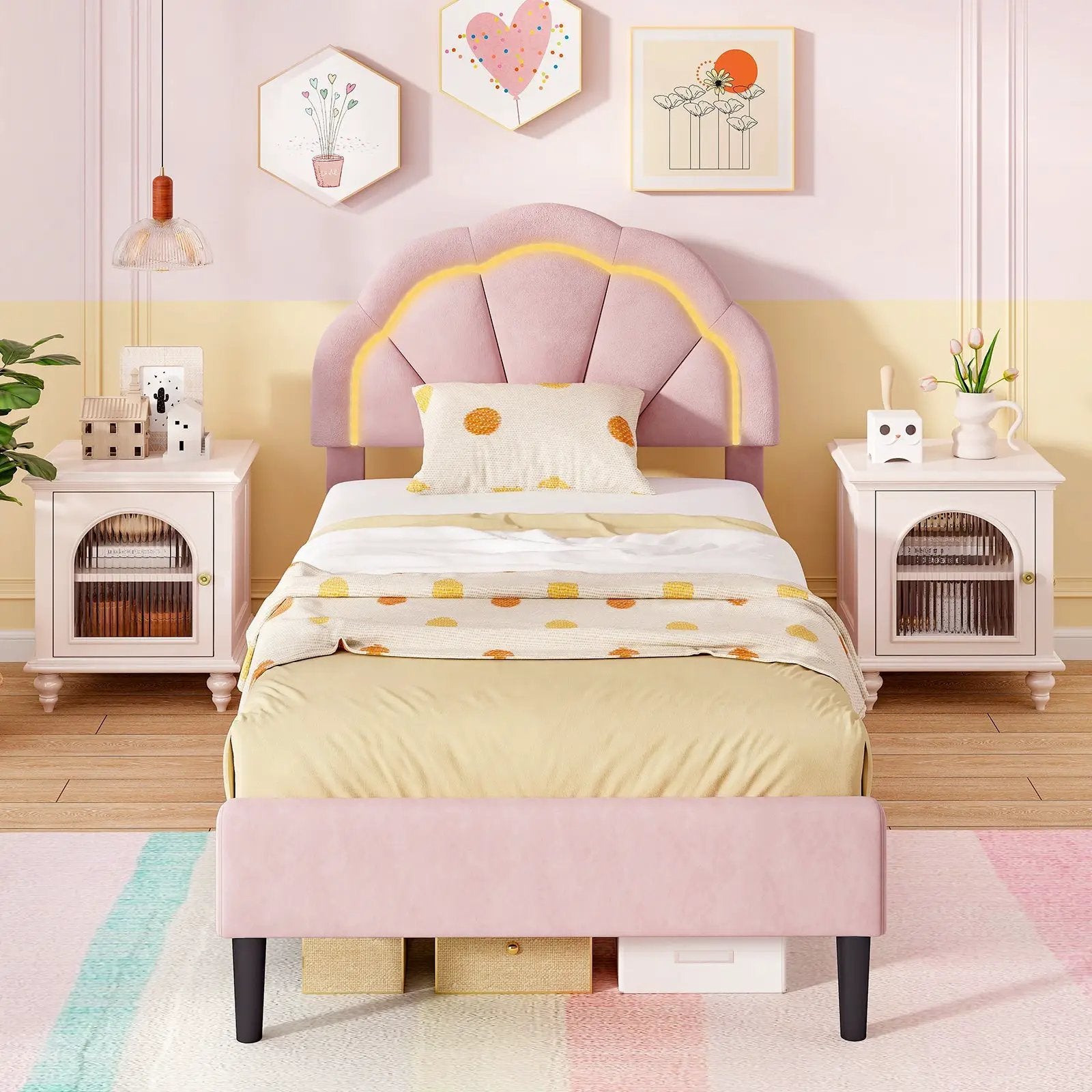 Upholstered LED Bed Frame with Adjustable Flower Headboard and Metal Support Feet Pink by DirectDeals