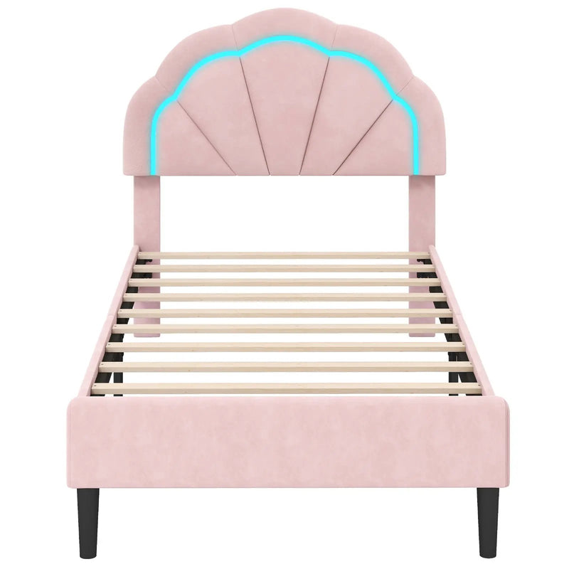 Upholstered LED Bed Frame with Adjustable Flower Headboard and Metal Support Feet Pink by DirectDeals