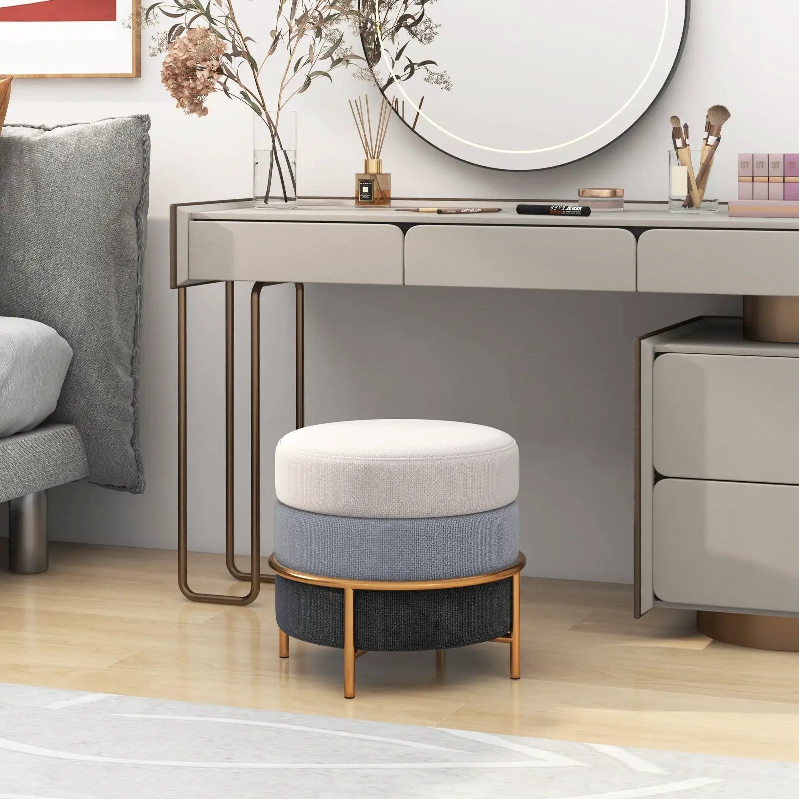 Upholstered Linen Fabric Ottoman with Gold Metal Legs and Anti-slip Foot Pads-Gray by DirectDeals