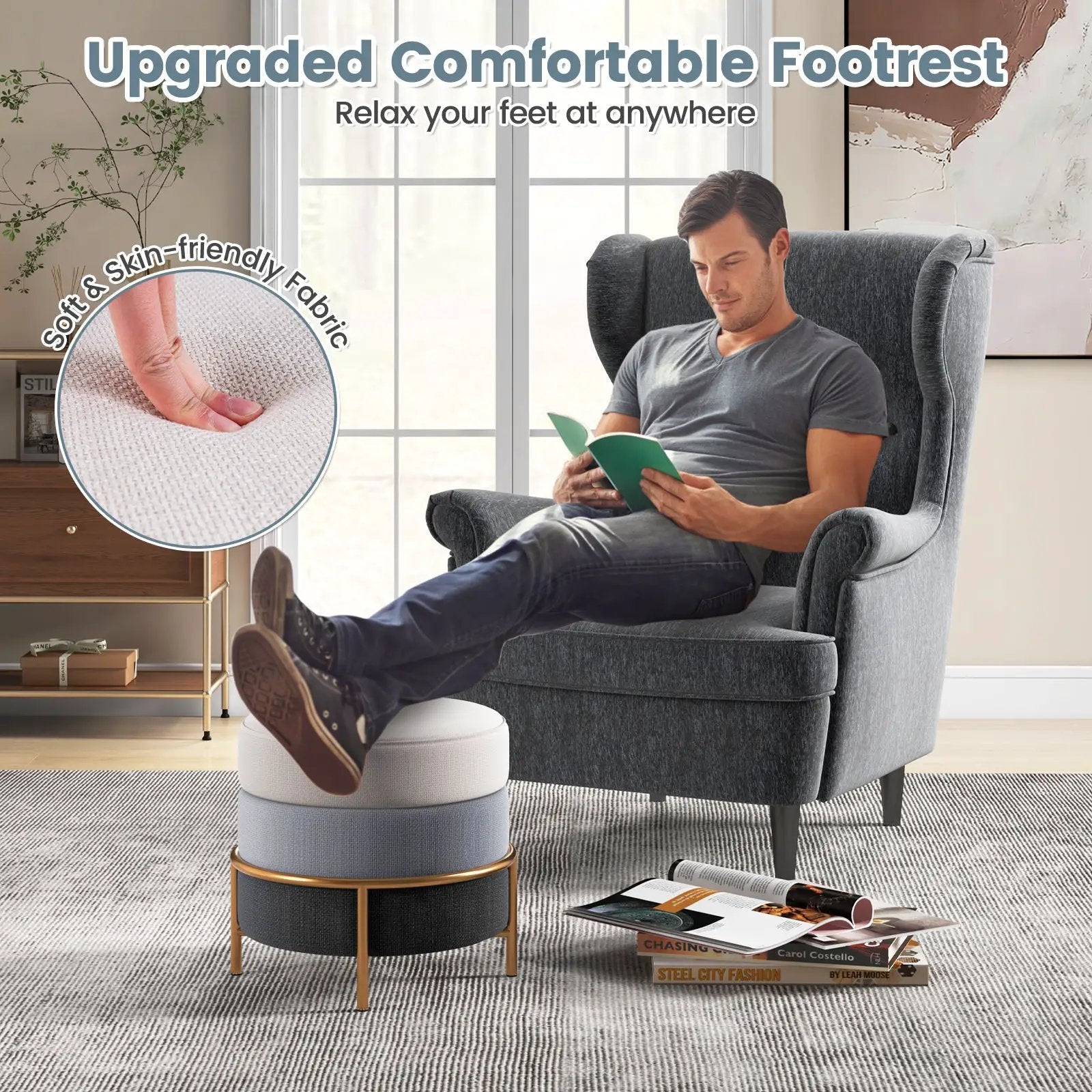 Upholstered Linen Fabric Ottoman with Gold Metal Legs and Anti-slip Foot Pads-Gray by DirectDeals