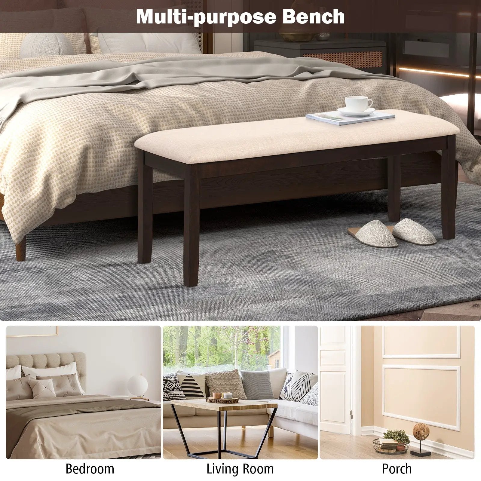 Upholstered Ottoman Bench with Padded Cushion-Beige by DirectDeals