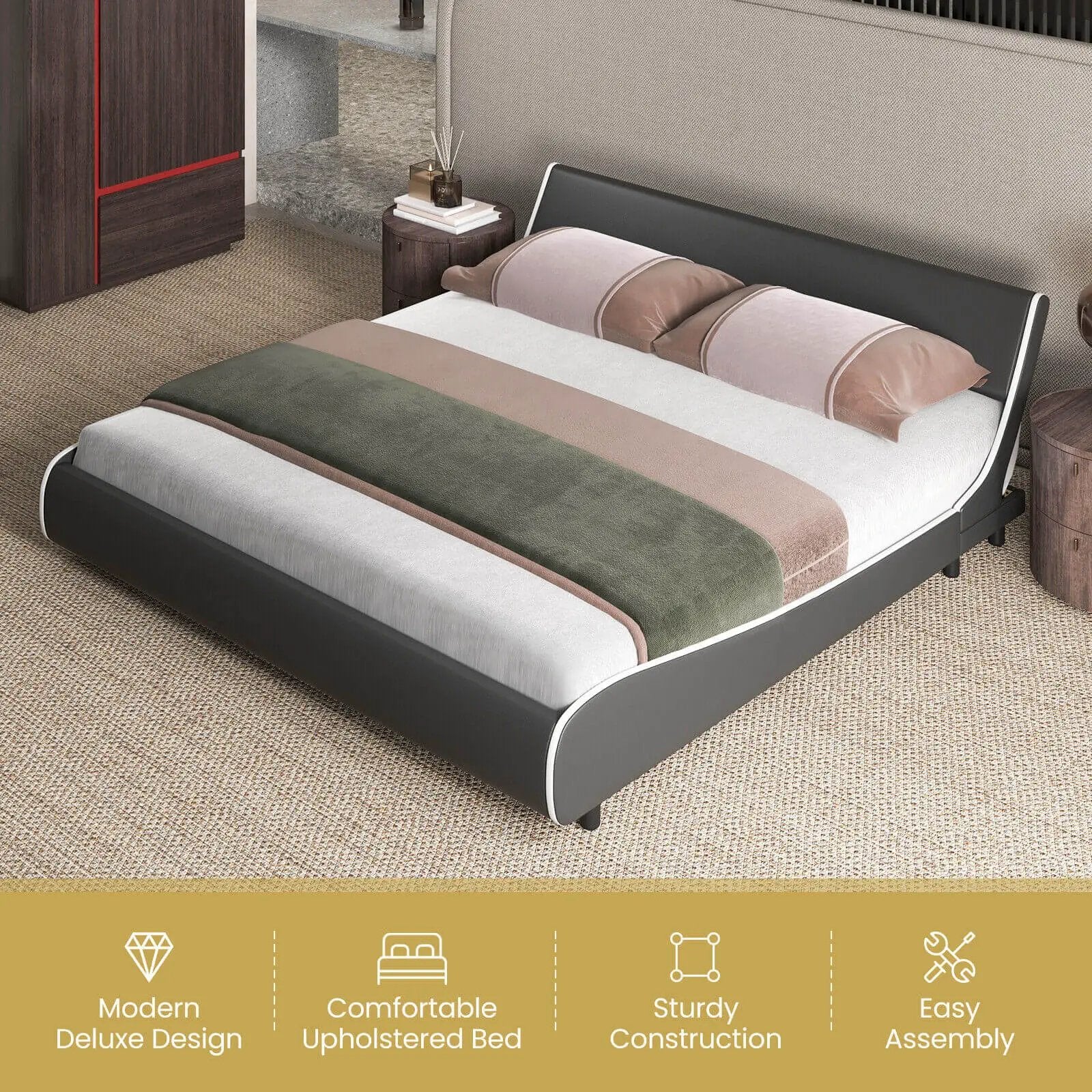 Upholstered Platform Bed Frame Low Profile Faux Leather with Curved Headboard by DirectDeals
