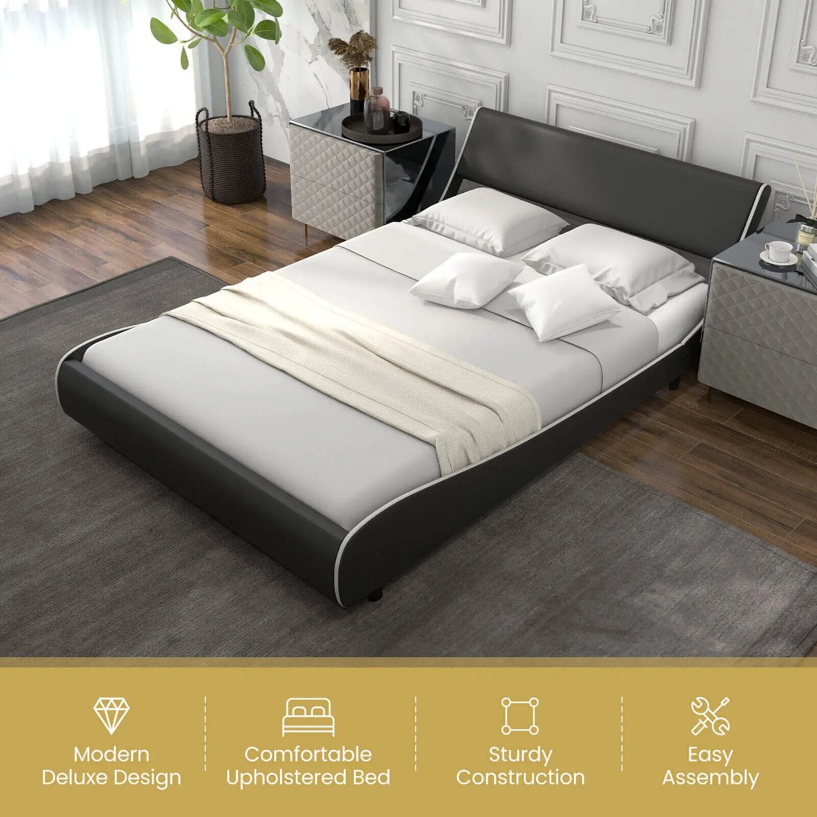 Upholstered Platform Bed Frame Low Profile Faux Leather with Curved Headboard by DirectDeals