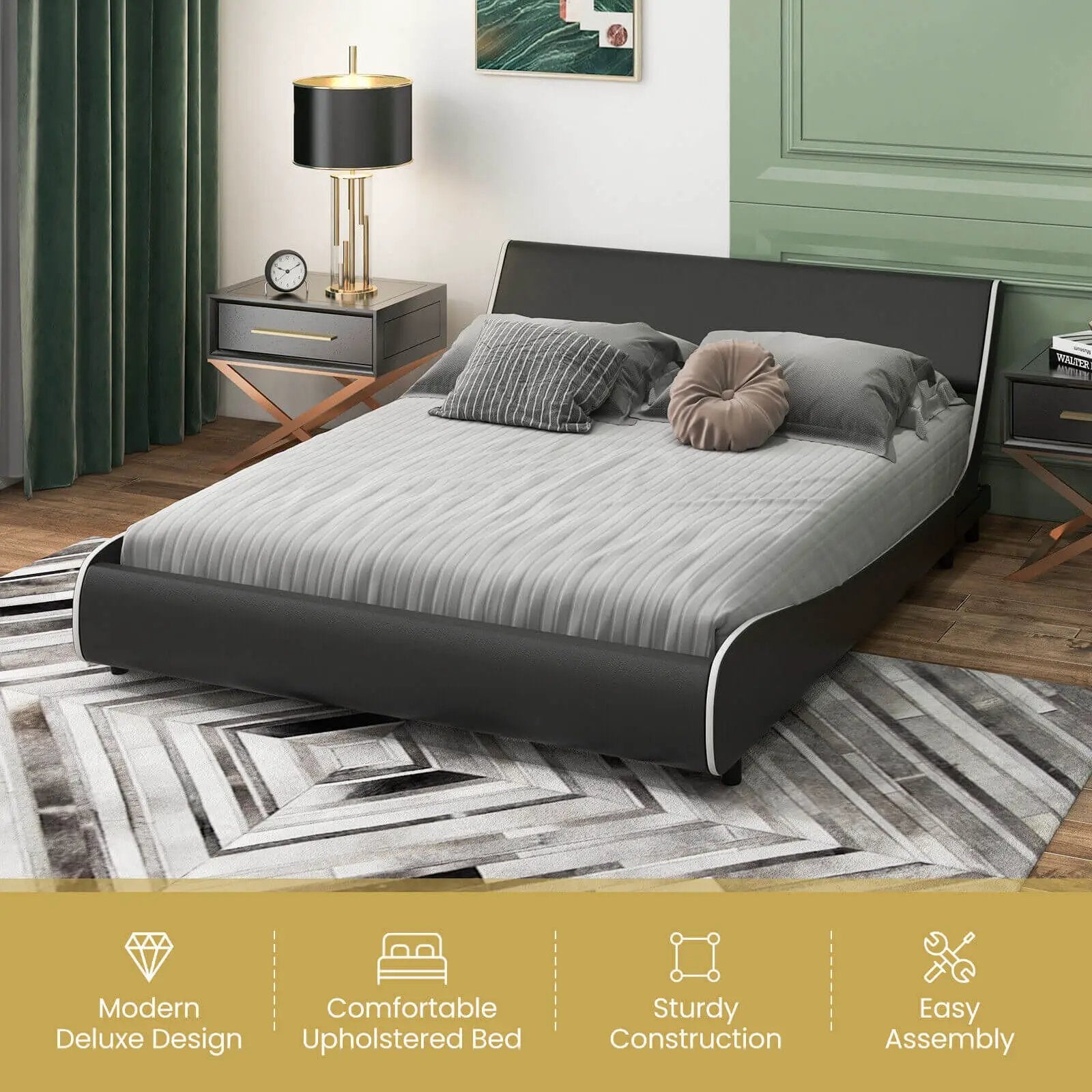 Upholstered Platform Bed Frame Low Profile Faux Leather with Curved Headboard by DirectDeals
