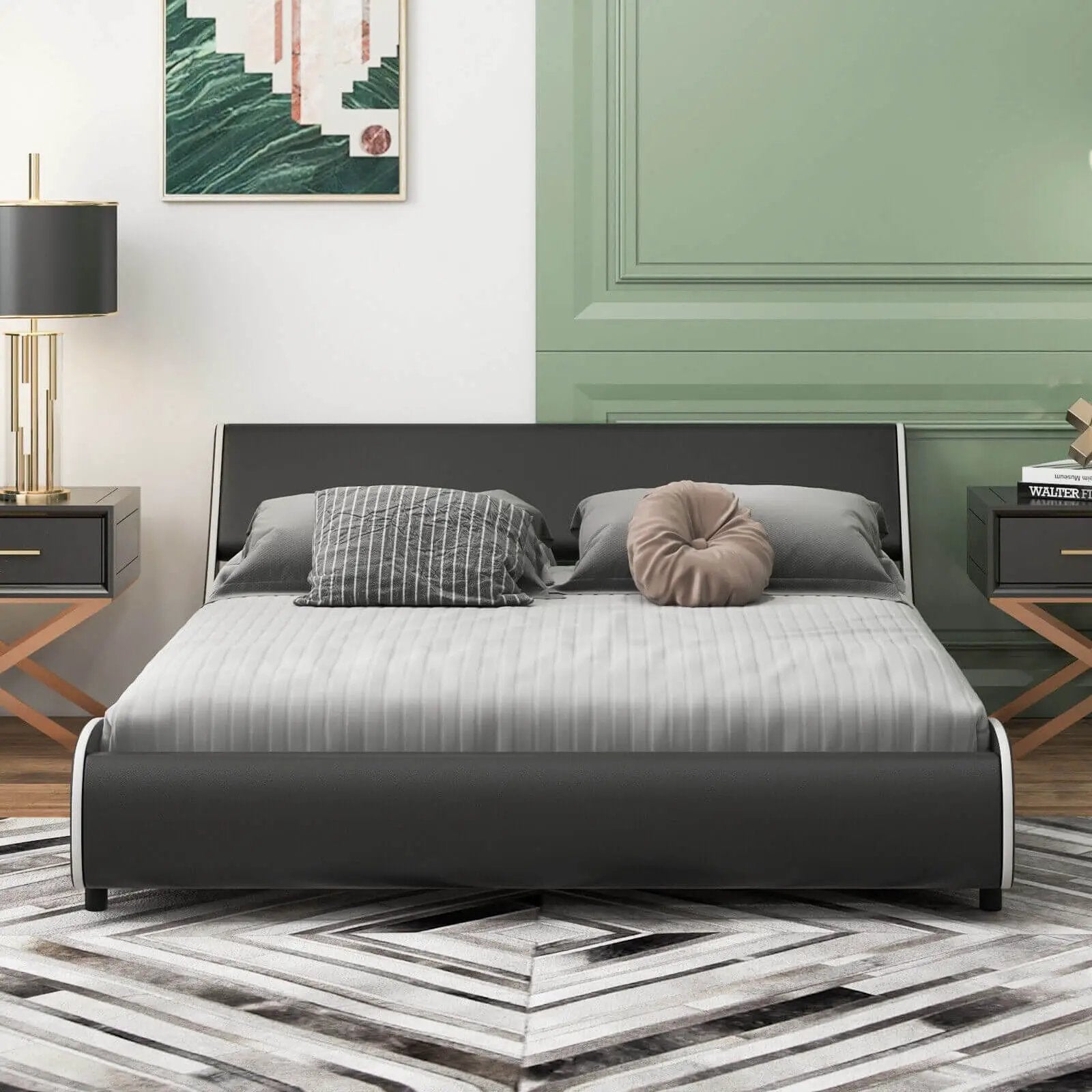 Upholstered Platform Bed Frame Low Profile Faux Leather with Curved Headboard by DirectDeals