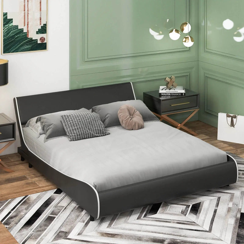 Upholstered Platform Bed Frame Low Profile Faux Leather with Curved Headboard by DirectDeals