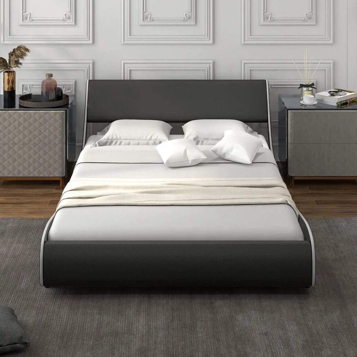 Upholstered Platform Bed Frame Low Profile Faux Leather with Curved Headboard by DirectDeals
