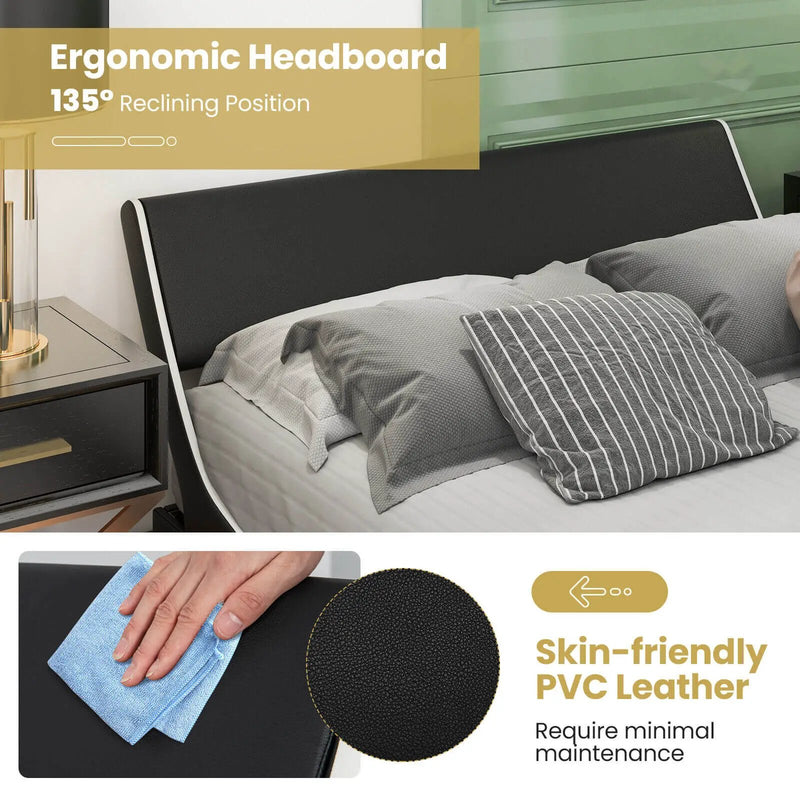 Upholstered Platform Bed Frame Low Profile Faux Leather with Curved Headboard by DirectDeals