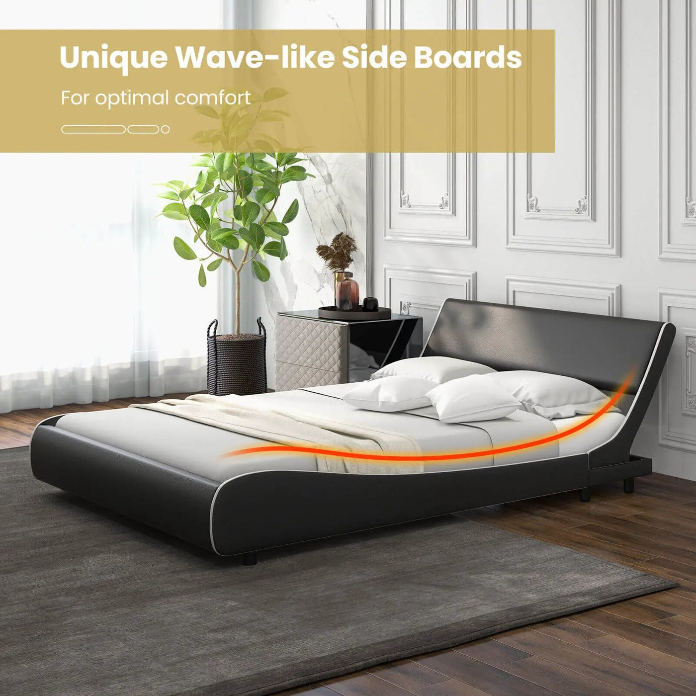 Upholstered Platform Bed Frame Low Profile Faux Leather with Curved Headboard by DirectDeals