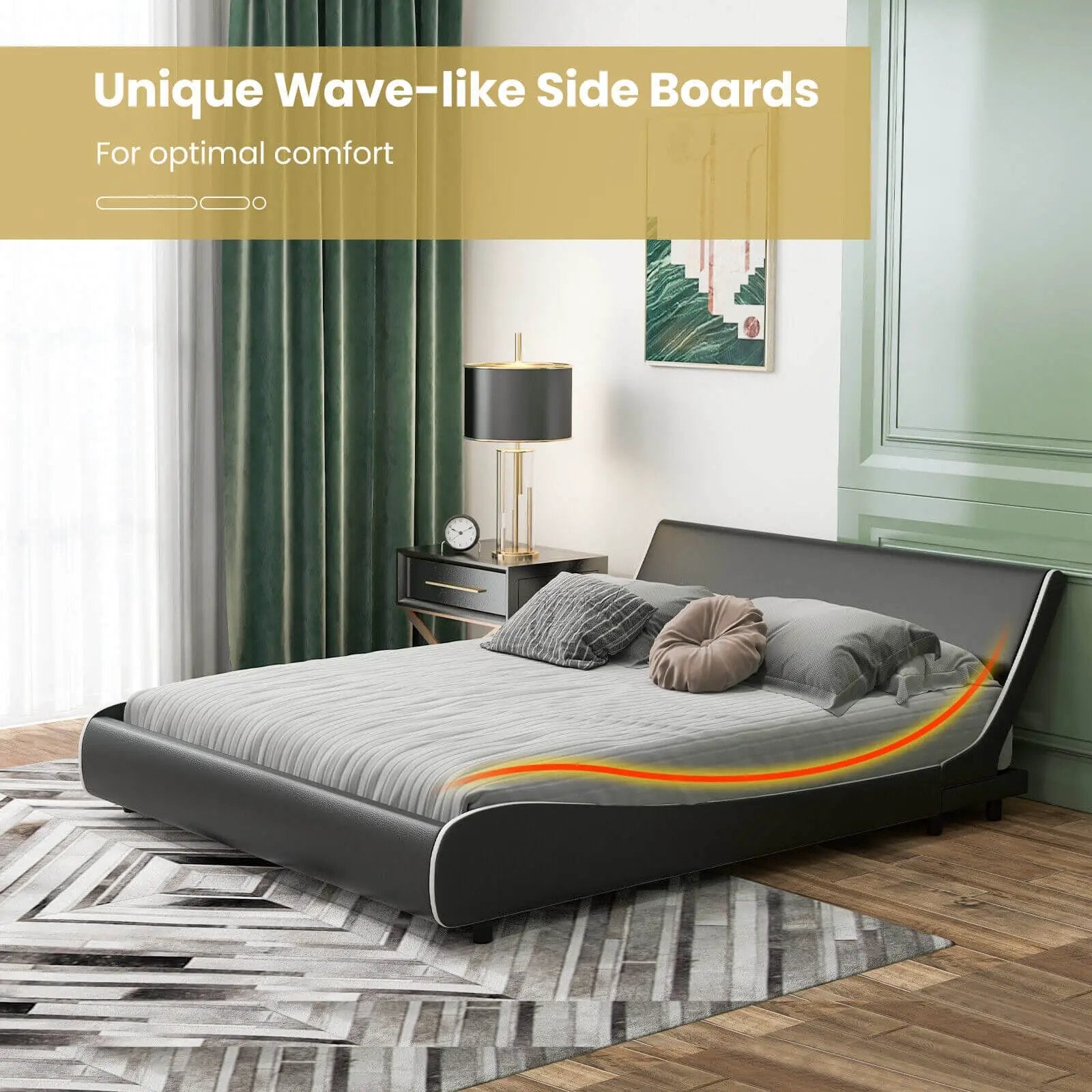 Upholstered Platform Bed Frame Low Profile Faux Leather with Curved Headboard by DirectDeals