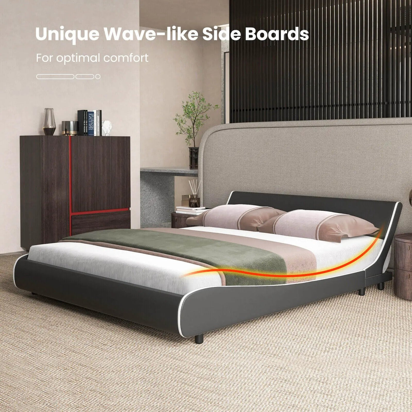 Upholstered Platform Bed Frame Low Profile Faux Leather with Curved Headboard by DirectDeals