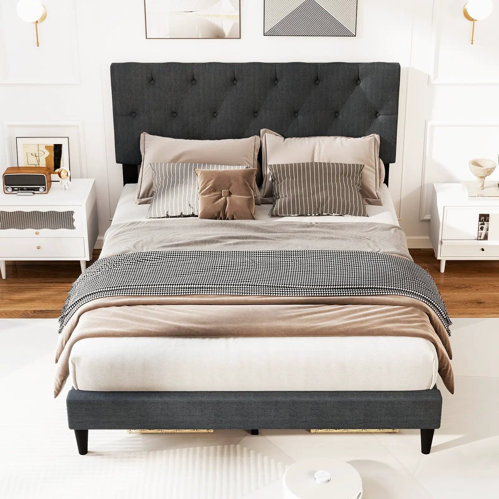 Upholstered Platform Bed with Tufted Headboard and Wooden Slats Gray by DirectDeals