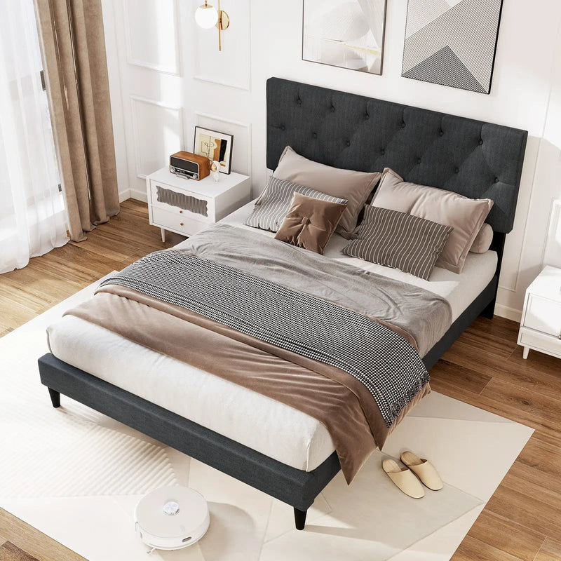 Upholstered Platform Bed with Tufted Headboard and Wooden Slats Gray by DirectDeals