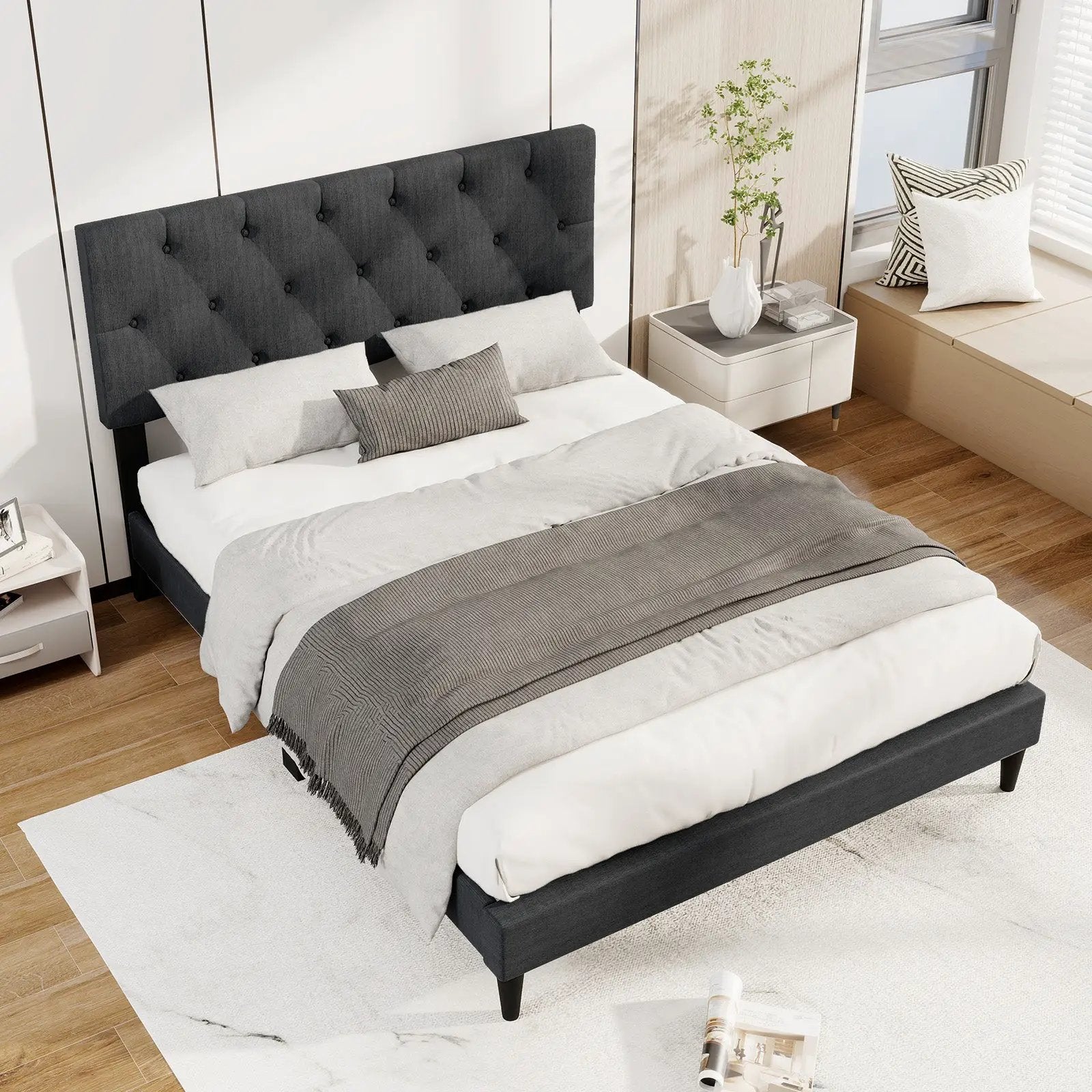 Upholstered Platform Bed with Tufted Headboard and Wooden Slats Gray by DirectDeals
