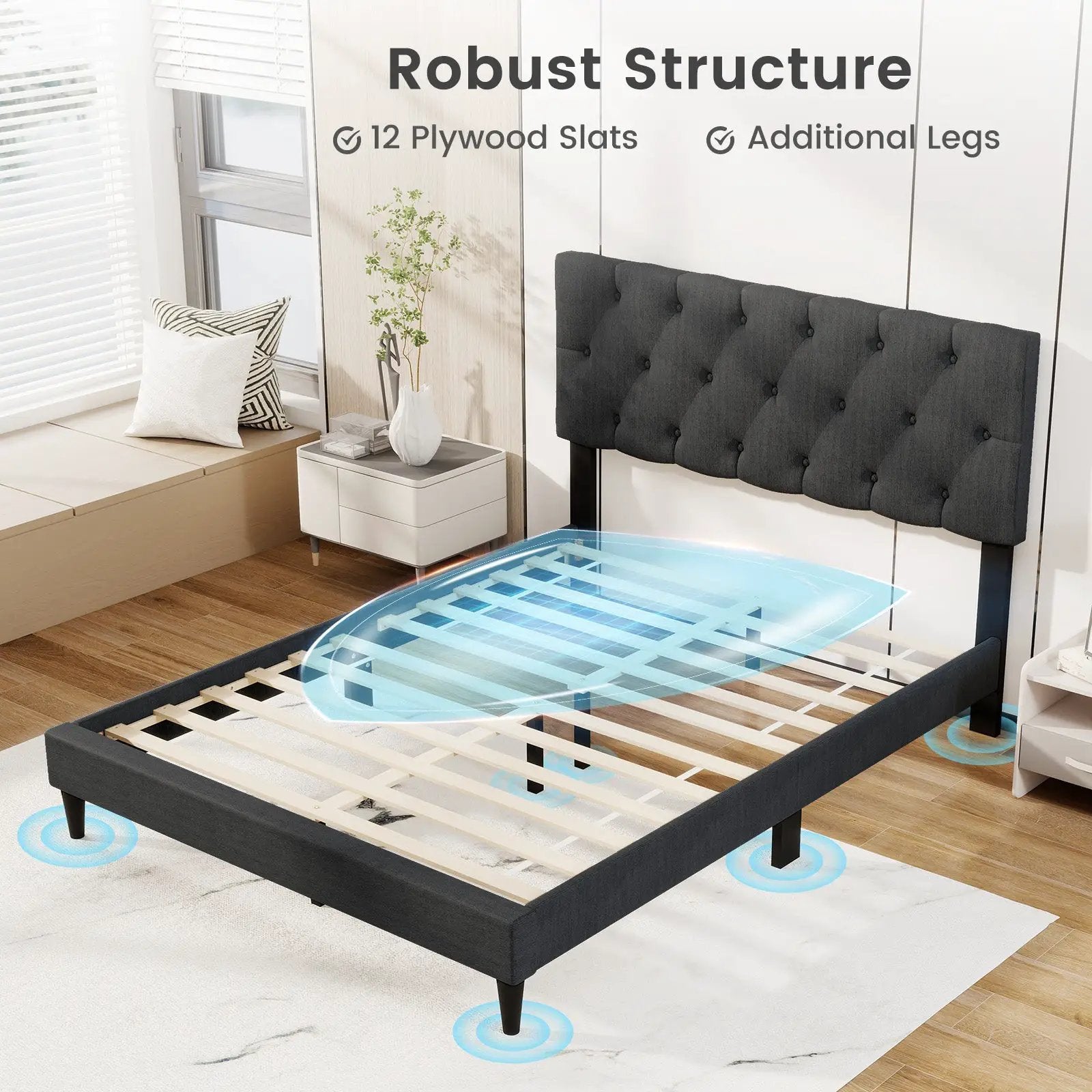 Upholstered Platform Bed with Tufted Headboard and Wooden Slats Gray by DirectDeals