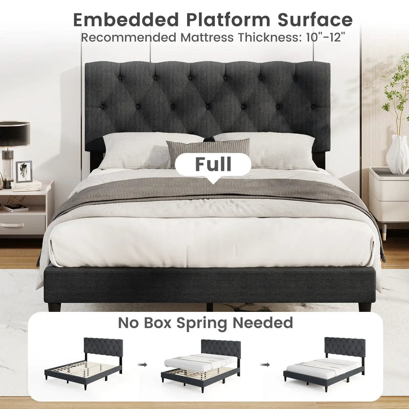 Upholstered Platform Bed with Tufted Headboard and Wooden Slats Gray by DirectDeals