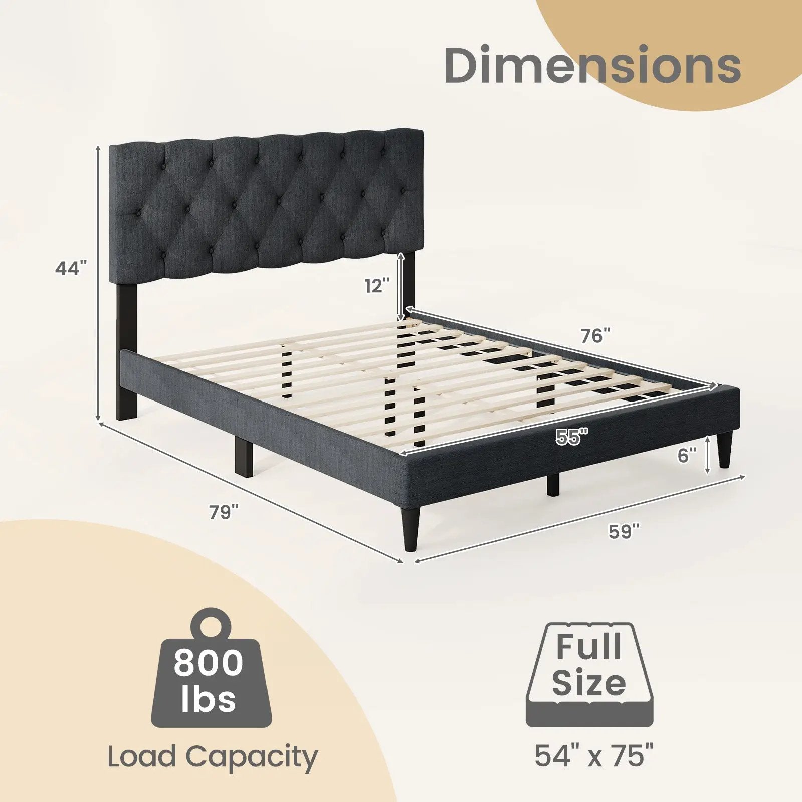 Upholstered Platform Bed with Tufted Headboard and Wooden Slats Gray by DirectDeals