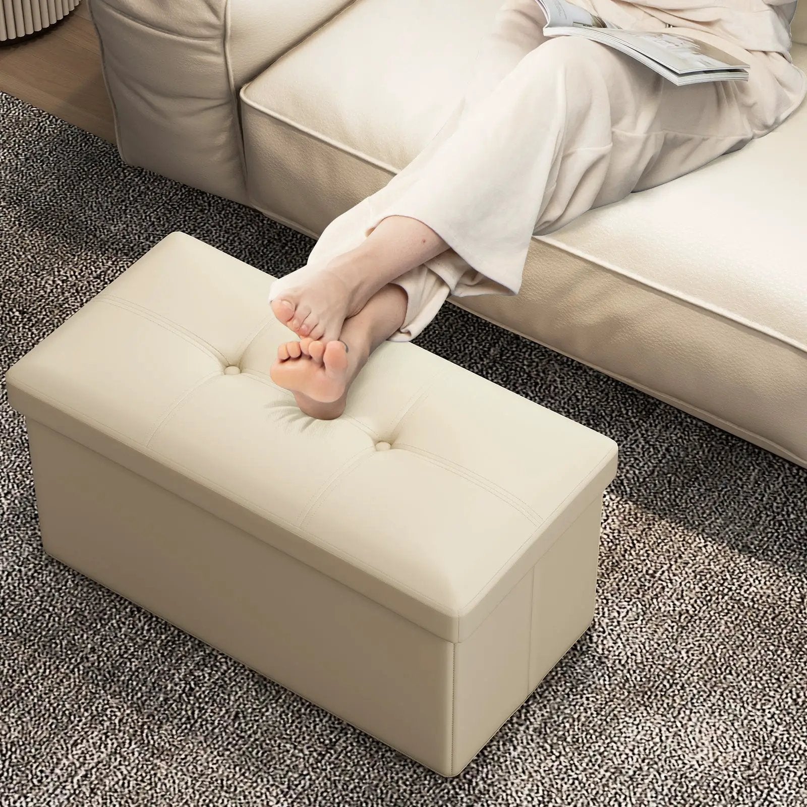 Upholstered Rectangle Footstool with PVC Leather Surface and Storage Function by DirectDeals