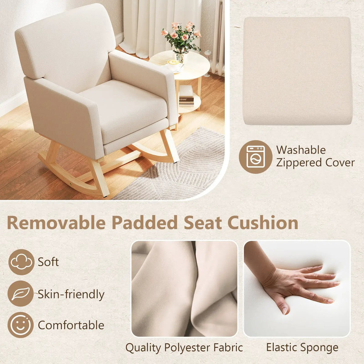 Upholstered Rocking Chair with and Solid Wood Base by DirectDeals