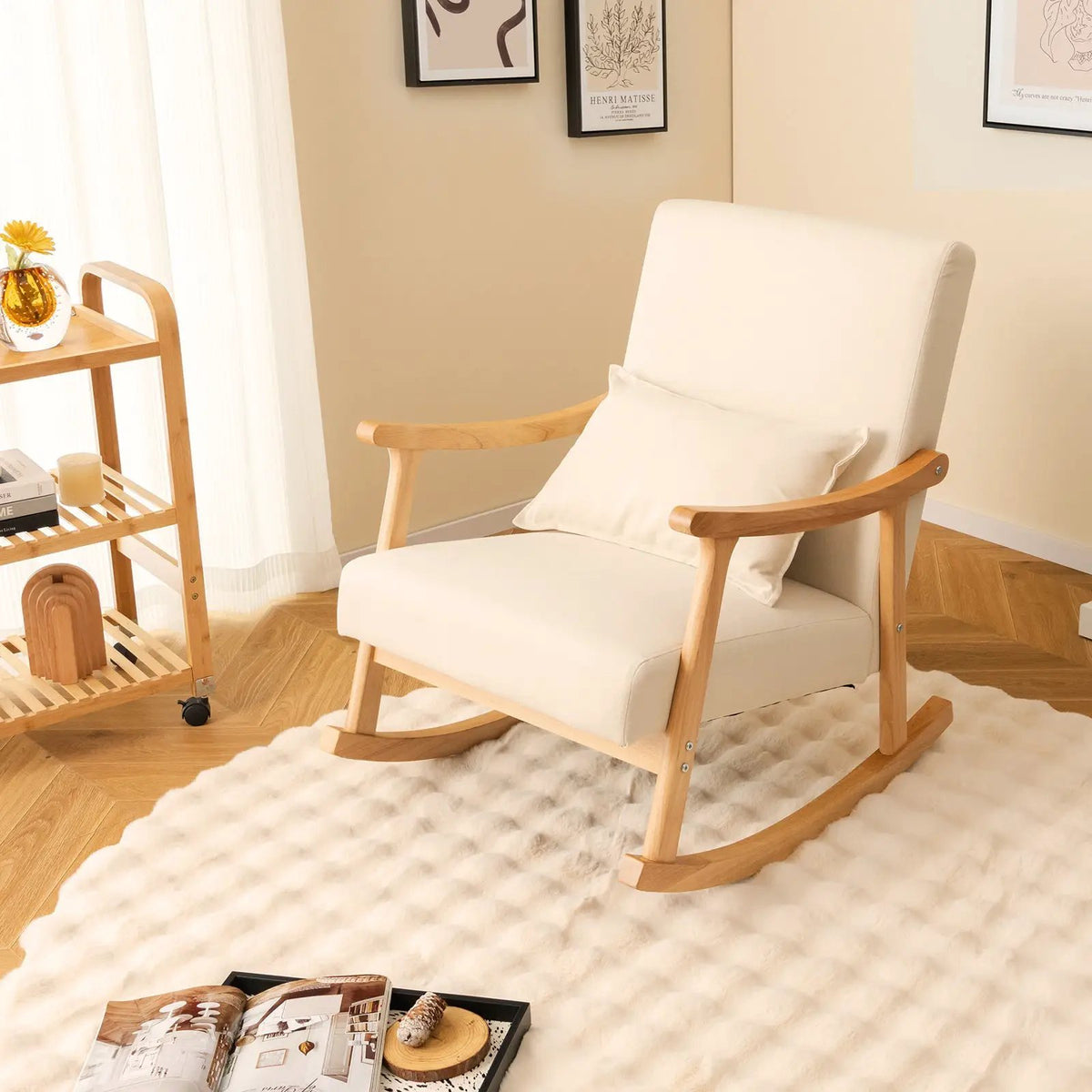 Upholstered Rocking Chair with Pillow and Rubber Wood Frame by DirectDeals