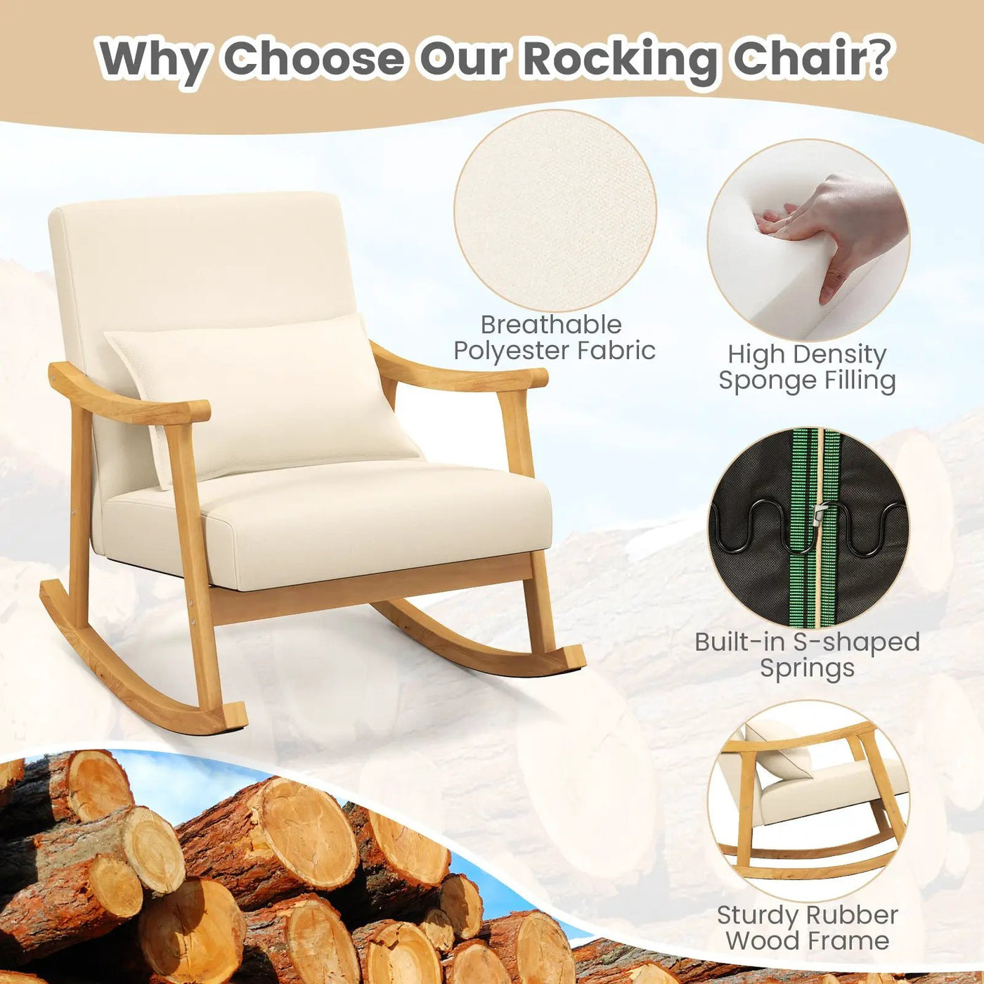 Upholstered Rocking Chair with Pillow and Rubber Wood Frame by DirectDeals