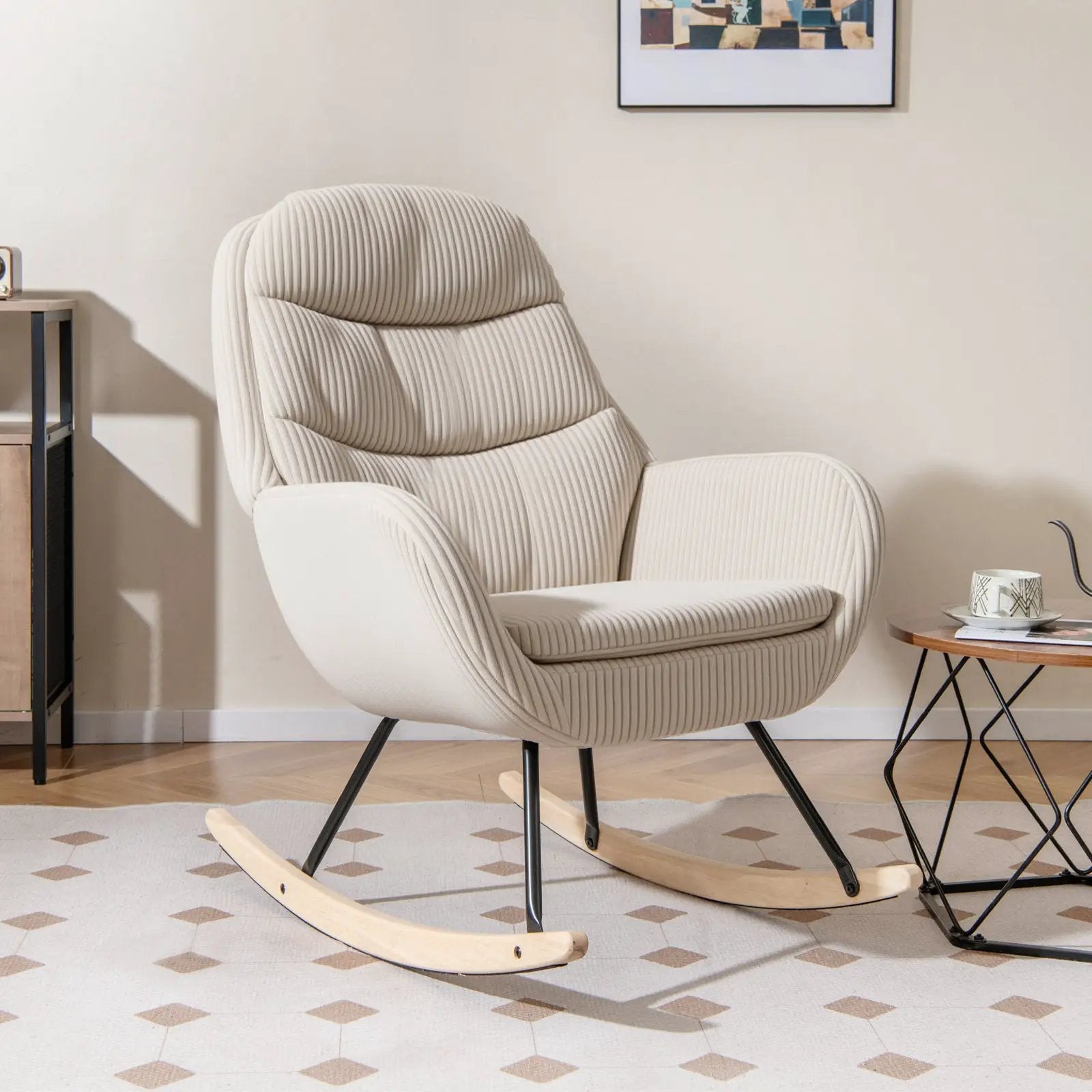 Upholstered Rocking Chair Nursery Glider Rocker with Padded Backrest and Seat-Beige by DirectDeals
