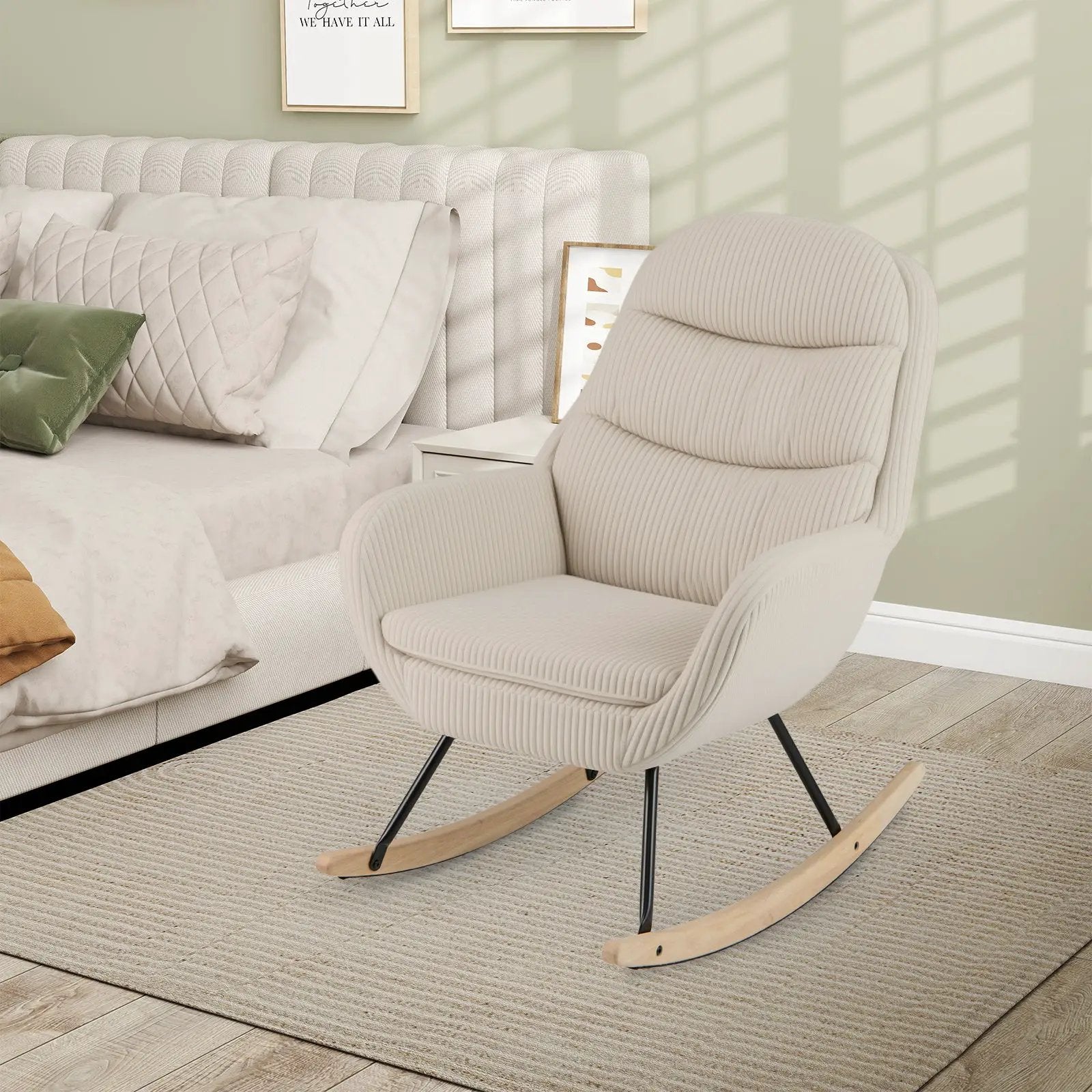 Upholstered Rocking Chair Nursery Glider Rocker with Padded Backrest and Seat-Beige by DirectDeals