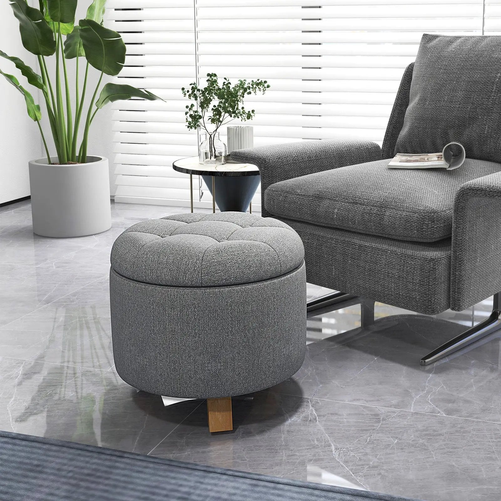 Upholstered Round Ottoman with Solid Rubber Feet-Gray by DirectDeals