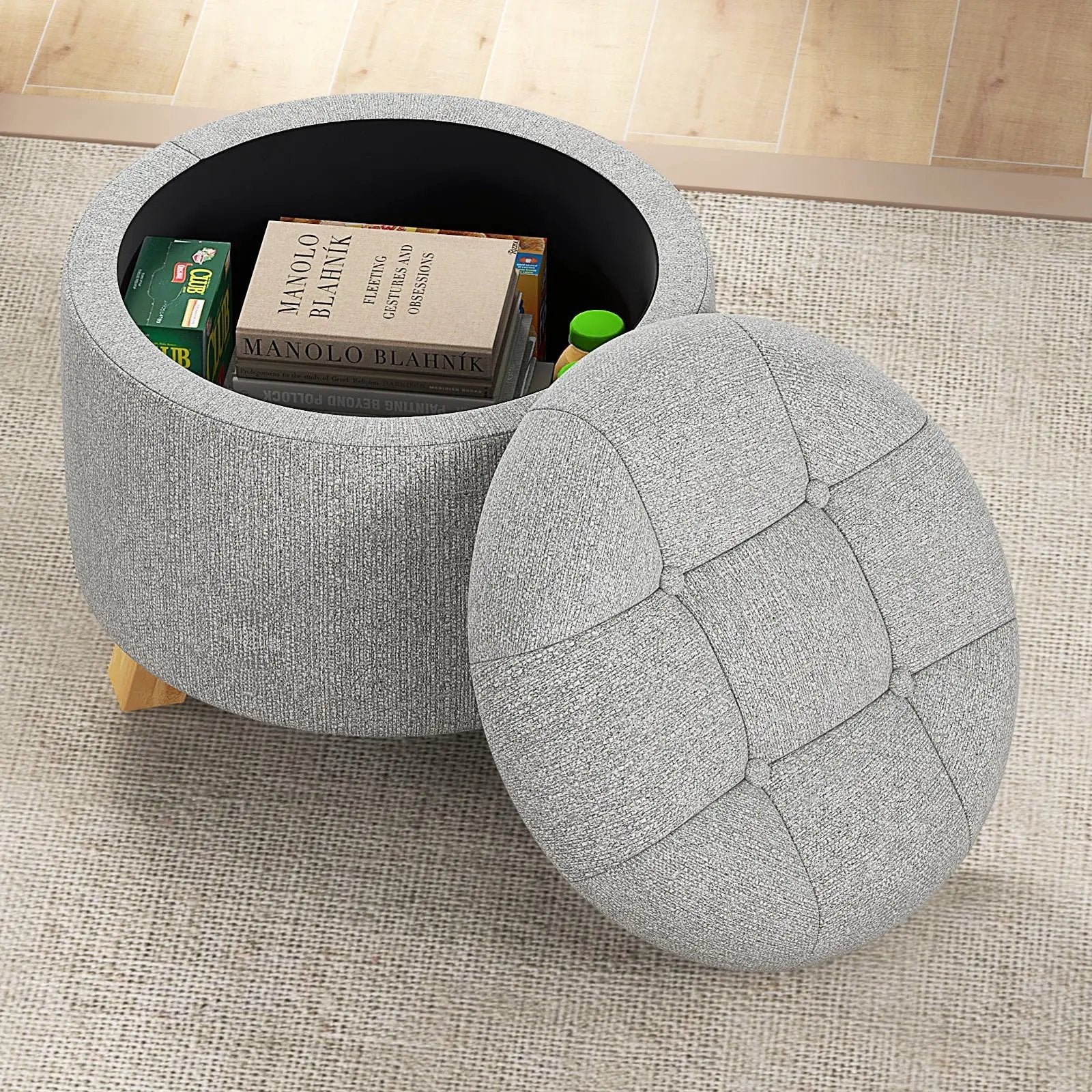 Upholstered Round Ottoman with Solid Rubber Feet-Gray by DirectDeals