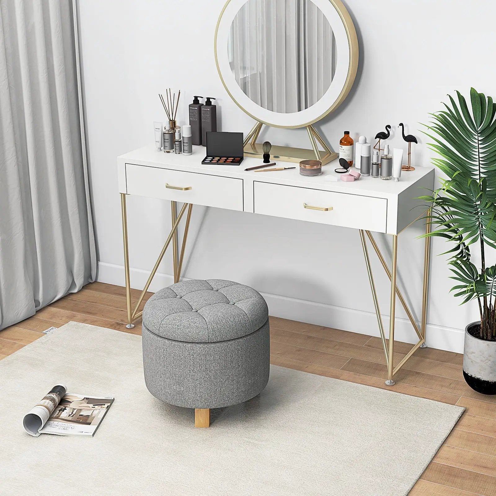 Upholstered Round Ottoman with Solid Rubber Feet-Gray by DirectDeals