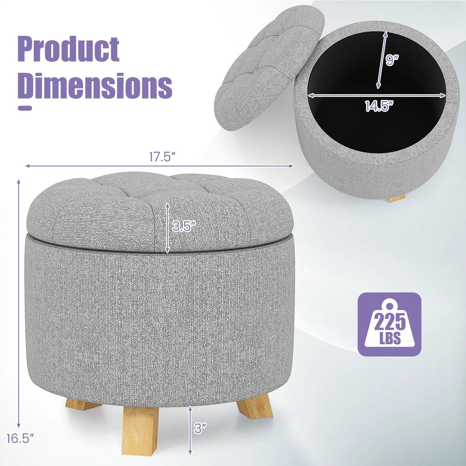 Upholstered Round Ottoman with Solid Rubber Feet-Gray by DirectDeals