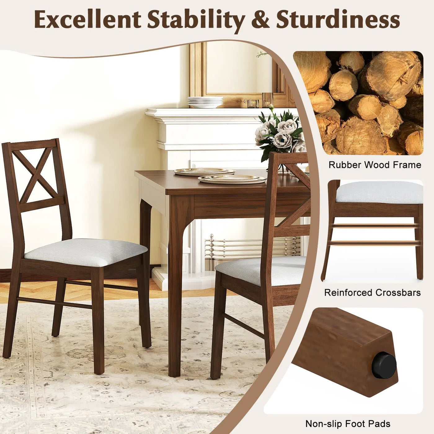 Upholstered Side Dining Chairs Set of 2 with Rubber Wood Frame by DirectDeals
